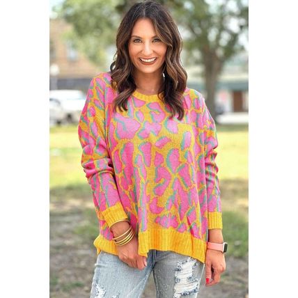 Vitality Orange Abstract Print Ribbed Trim Baggy Sweater