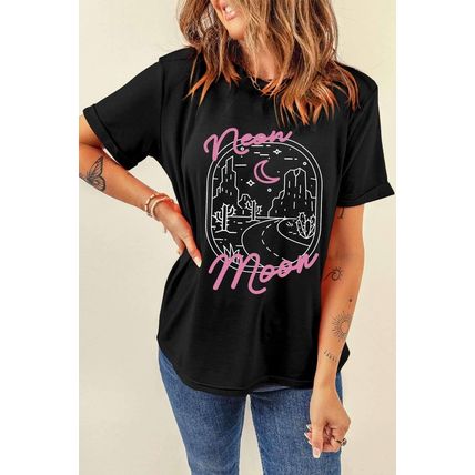 Black neon moon Letter Graphic Short Sleeve Top