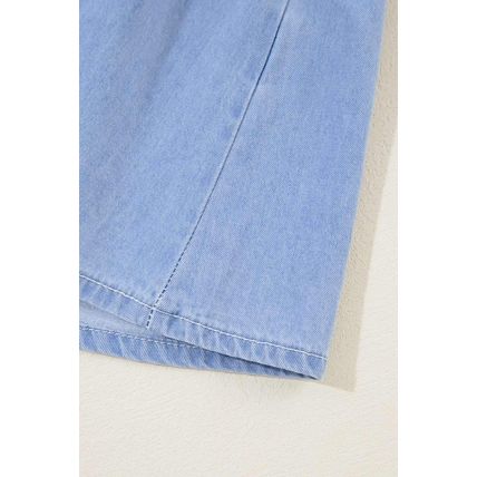 Beau Blue Puff Sleeve V Neck Tiered Ruffled Chambray Mini Dress