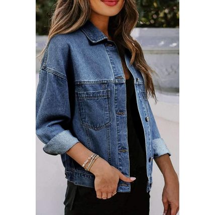 Dark Blue Washed Oversize Pocketed Denim Jacket