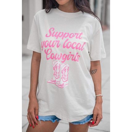 White Support Your Local Cowgirls Boots Print Crewneck Tee