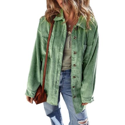 Mist Green Patched Pocket Button Up Corduroy Shacket