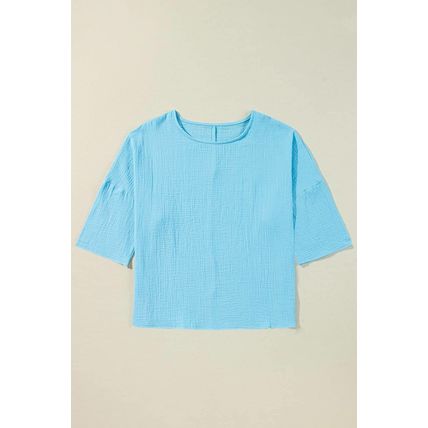Aruba Blue Crinkled Bracelet Sleeve Flowy Blouse