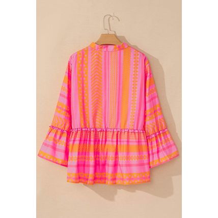 Vitality Orange Plus Size Geometric Embroidered Bell Sleeve Babydoll Blouse
