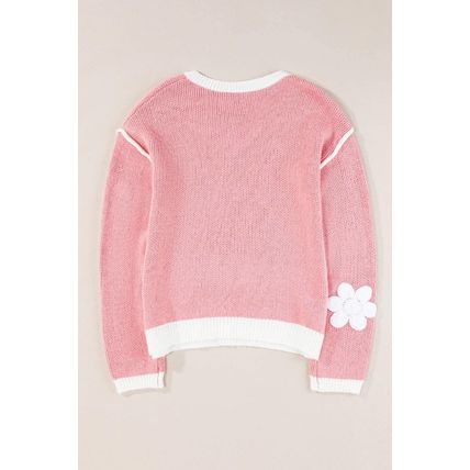 Pink Flower V Neck Dropped Shoulder Sweater