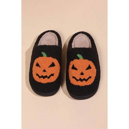 Black Halloween Pumpkin Print Plush Slippers