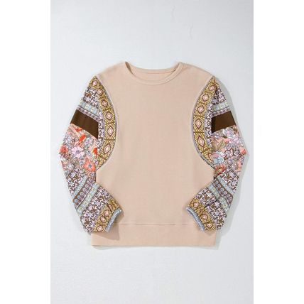 Parchment Contrast Floral Patchwork Puff Sleeve Waffle Knit Top