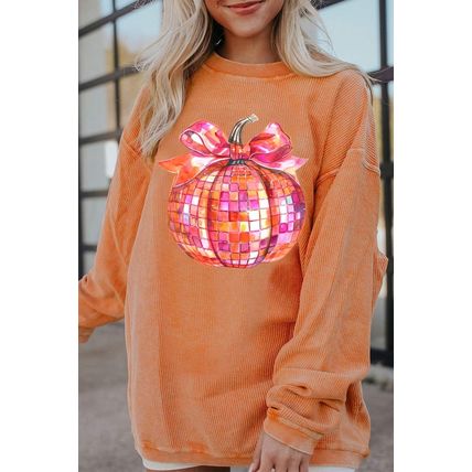 Orange Bow Pumpkin Graphic Crewneck Corded Thanksgiving Sweatshirt