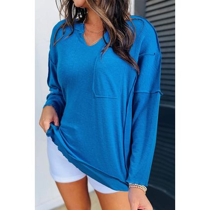 Blue Ribbed Exposed Seam Knit V Neck Long Sleeve Top
