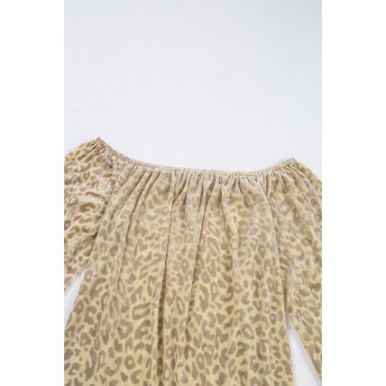 Beige Leopard Velvet Burnout Off Shoulder Long Sleeve Blouse