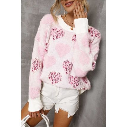 Pink Heart Leopard Print Pearled Ribbed Trim Fuzzy Sweater
