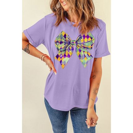 Wisteria Mardi Gras Bowknot Pattern Crew Neck T Shirt