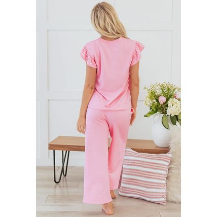 Pink Textured Pearled Ruffled Sleeve Wide Leg Pants Set