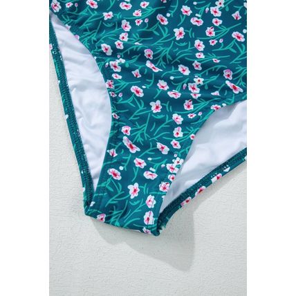 Blue Floral Print Smocked Cute Bikini Set