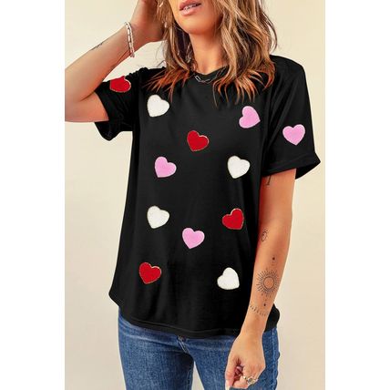Black Valentines Chenille Heart Patched Pattern Crewneck Tee