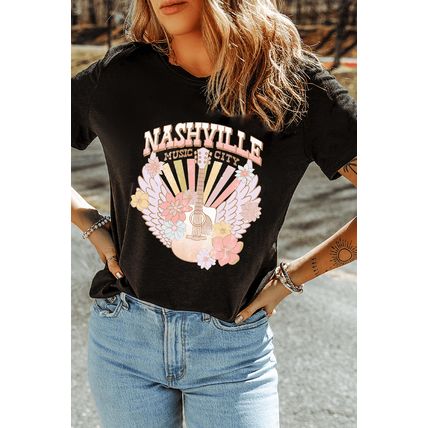 Black Nashville Music City Guitar Angel Wing Graphic Tee