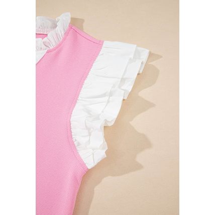 Pink Contrast V Neck Ruffled Textured Knit Top