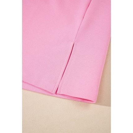 Pink Contrast V Neck Ruffled Textured Knit Top