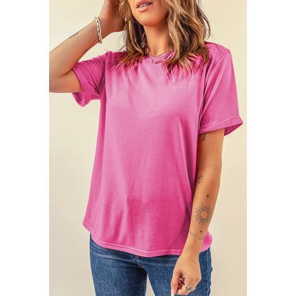 Sachet Pink Bright Casual Plain Crew Neck Tee