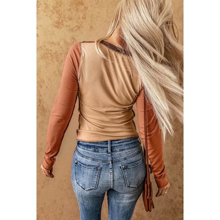 Brown Expose Seam Color Block Ribbed Knit Top