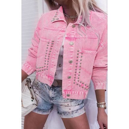 Pink Rivet Studded Pocketed Denim Jacket