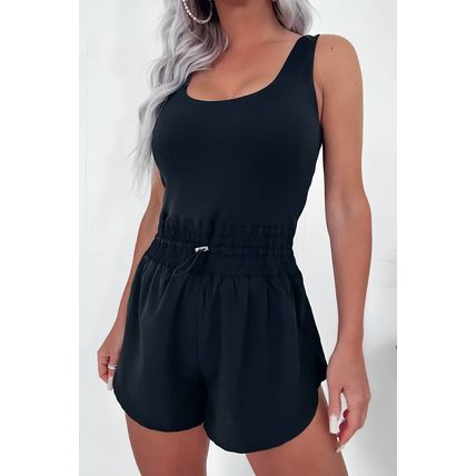 Black Plain Sleeveless Loop Drawstring Cinched Waist Romper