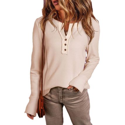 Beige Waffle Knit Textured Henley Top