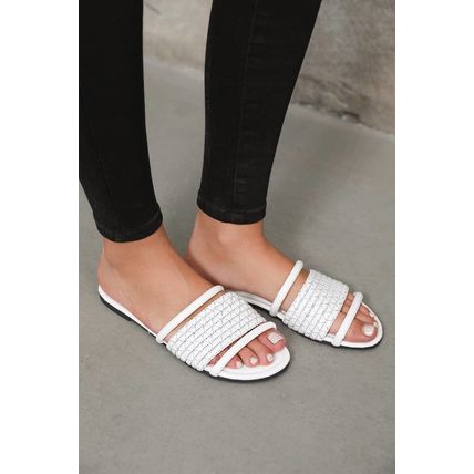 White Crochet Dual Straps Square Toe Flat Slippers