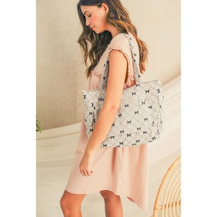 White Bow Knot Plaid Print Large Tote Bag