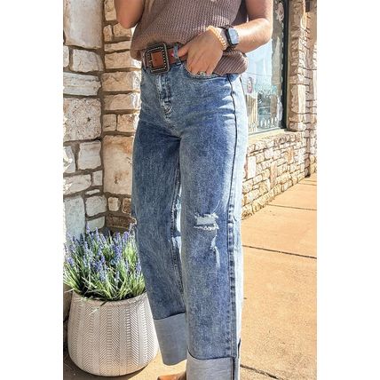 Ashleigh Blue Mineral Wash Bottom Cuff Distressed Wide Leg Jeans