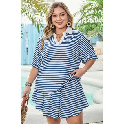 Blue Stripe Short Sleeve Collared V Neck Top Plus Size Short Set