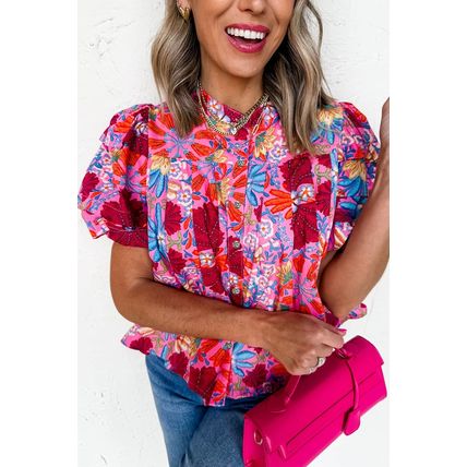 Pink Floral Print Bubble Sleeve Button Up Pleated Shirt