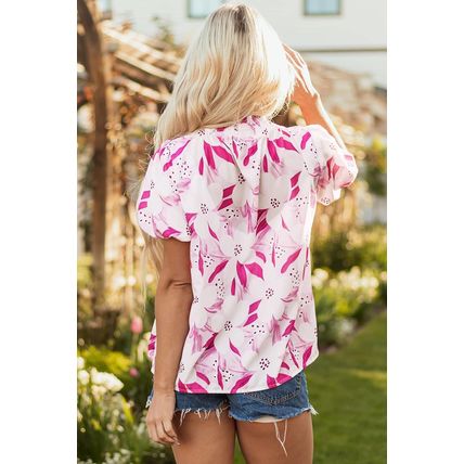 Rose Floral Frilled Collar Short Sleeve Blouse Top