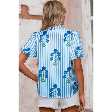 Sky Blue Stripe Floral Buttoned Frilly Notched Neck Puff Sleeve Summer Blouse