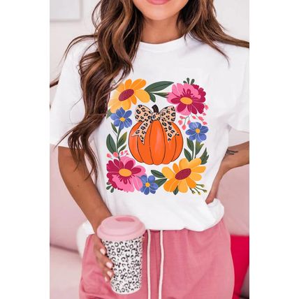 White Pumpkin Floral Graphic Thanksgiving Holiday T Shirt
