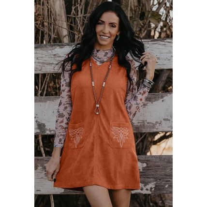 Gold Flame Corduroy Western Embroidered Patched Pocket Shift Sleeveless Mini Dre