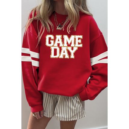 Fiery Red Glitter Trim GAME DAY Letter Graphic Oversized Varsity Sweatshirt