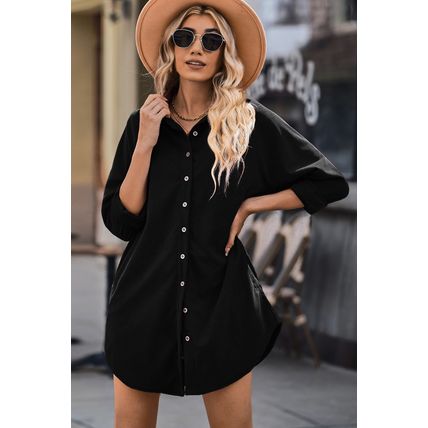 Black Corduroy Shirt Style Full Button Long Sleeve Shift Mini Dress