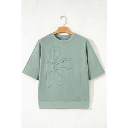 Clearly Aqua Floral Patched Half Sleeve Tunic Top