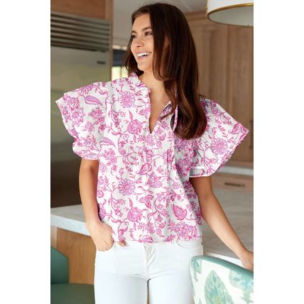 Pink Baroque Floral Ruffle Sleeve V Neck Blouse Top