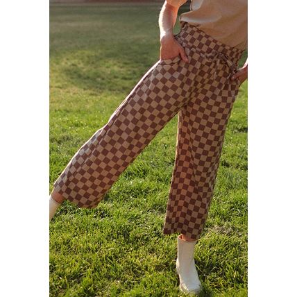 Khaki Checkered Elastic High Waist Loose Casual Pants