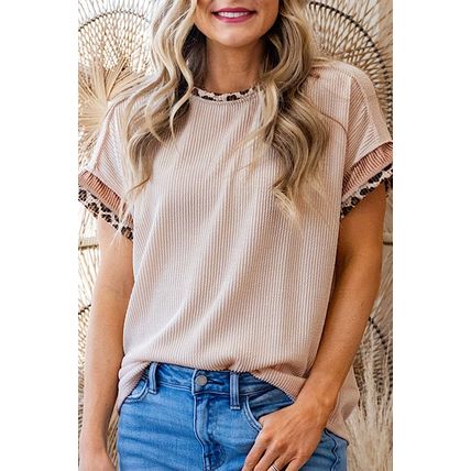 Jet Stream Leopard Patchwork Corded Knit Crew Neck T Shirt