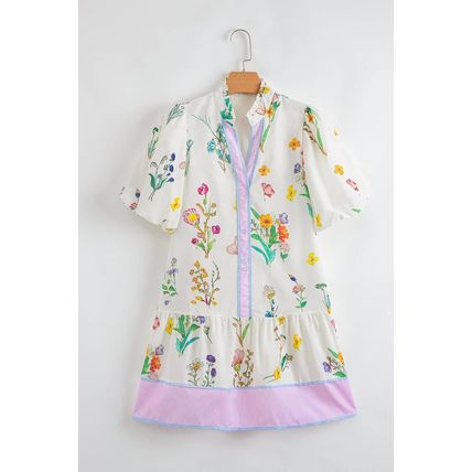 White Floral Print Contrast Striped Patchwork Short Puff Sleeve Dress