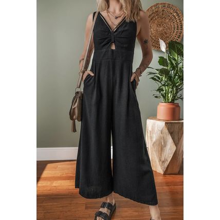 Black Front Cut Out Smocked Back Sleeveless Wide Leg Jumpsuit