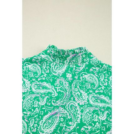 Green Paisley Print Long Sleeve Button Front Tied Waist Mini Dress