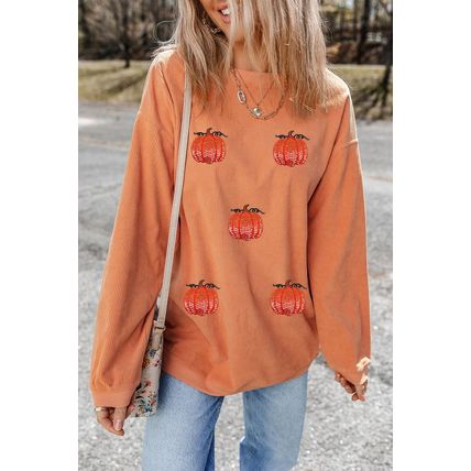 Orange Sequin Pumpkin Patched Twisted Rib Baggy Sweatshirt