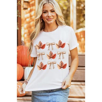 White Fall Leaf Bow Print Thanksgiving T Shirt