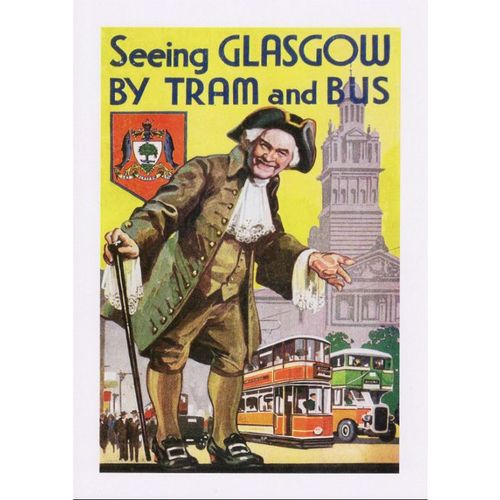 Travel Poster Art Postcard Seeing Glasgow by Tram & Bus Transport