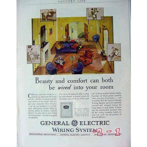 GENERAL ELECTRIC COMPANY 1929 beauty and comfort wired room vintage ad