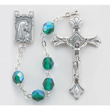 Emerald Rosary, May Birthstone, Multi Faceted Glass, plus two free prayer cards